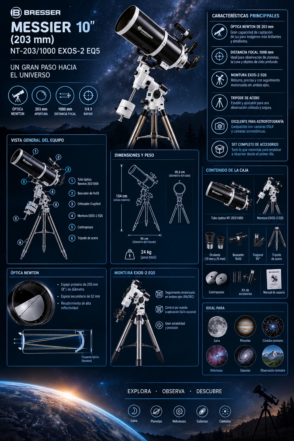 Diagrama técnico del Bresser Messier 10 Dobson: vista general con componentes señalados, especificaciones, corte óptico del tubo Newtoniano, esquema de la base Dobson y tabla de aumentos.